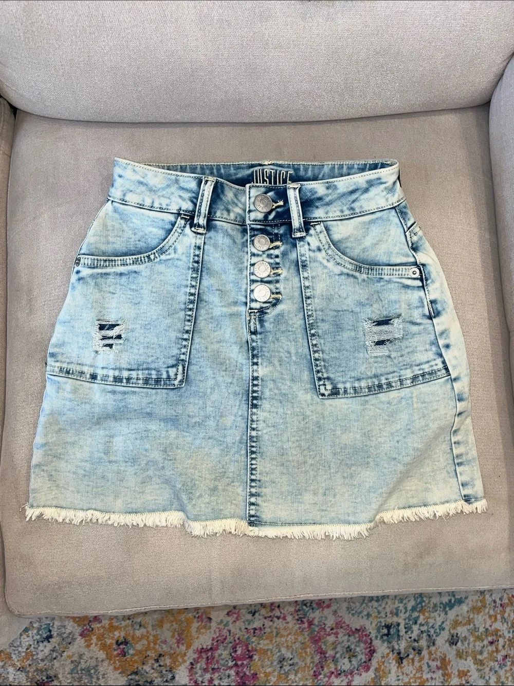 Justice Light Blue Distressed Denim Mini Skirt with Button Front